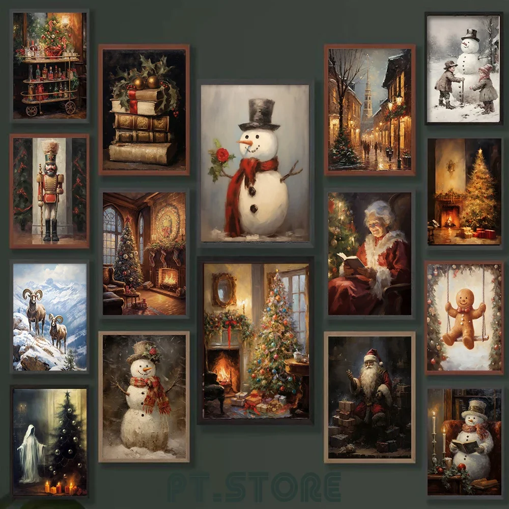 سانتا كلوز الأيائل قماش يطبع البلد مزرعة ثلج الشتاء المشهد عطلة الجدار ملصق فني غرفة المعيشة الحديثة ديكور المنزل #2