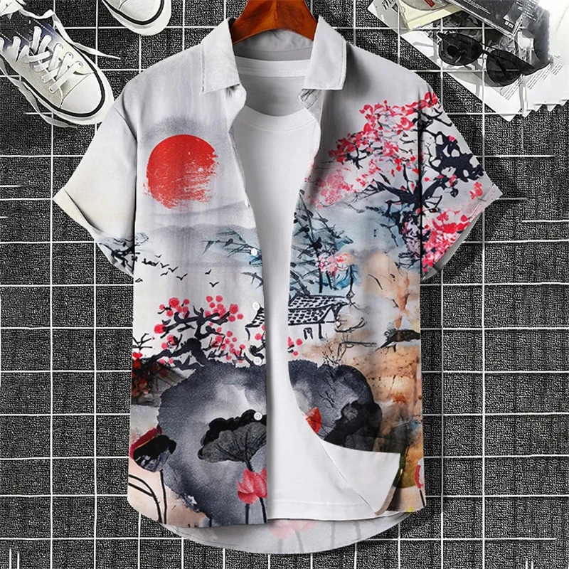 

Fashion Ink Painting 3D Printed Shirts For Men Clothes Flower Animal Graphic Blouses Streetwear Lapel Blouse Casual Mens Tops