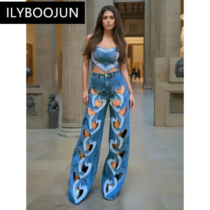 Fashion Women Jeans High Waist Heart Connectivity Contrast Color Hollow Out Straight Denim Pants 2024 New