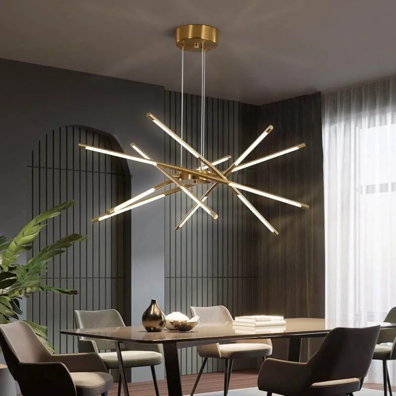 Modern LED Linear Chandelier Nordic Simple Gold Black Stick Shape Pendant Light for Living Room Kitchen Table Home Decoration