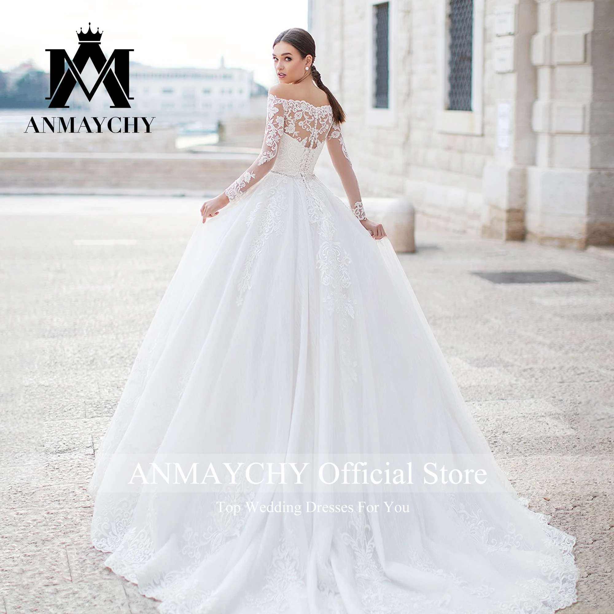 ANMAYCHY a-line فستان الزفاف 2023 مع أكمام طويلة سترة بلا حمالات زين دانتيل ذيل شابيل فستان الزفاف Vestidos De Novia