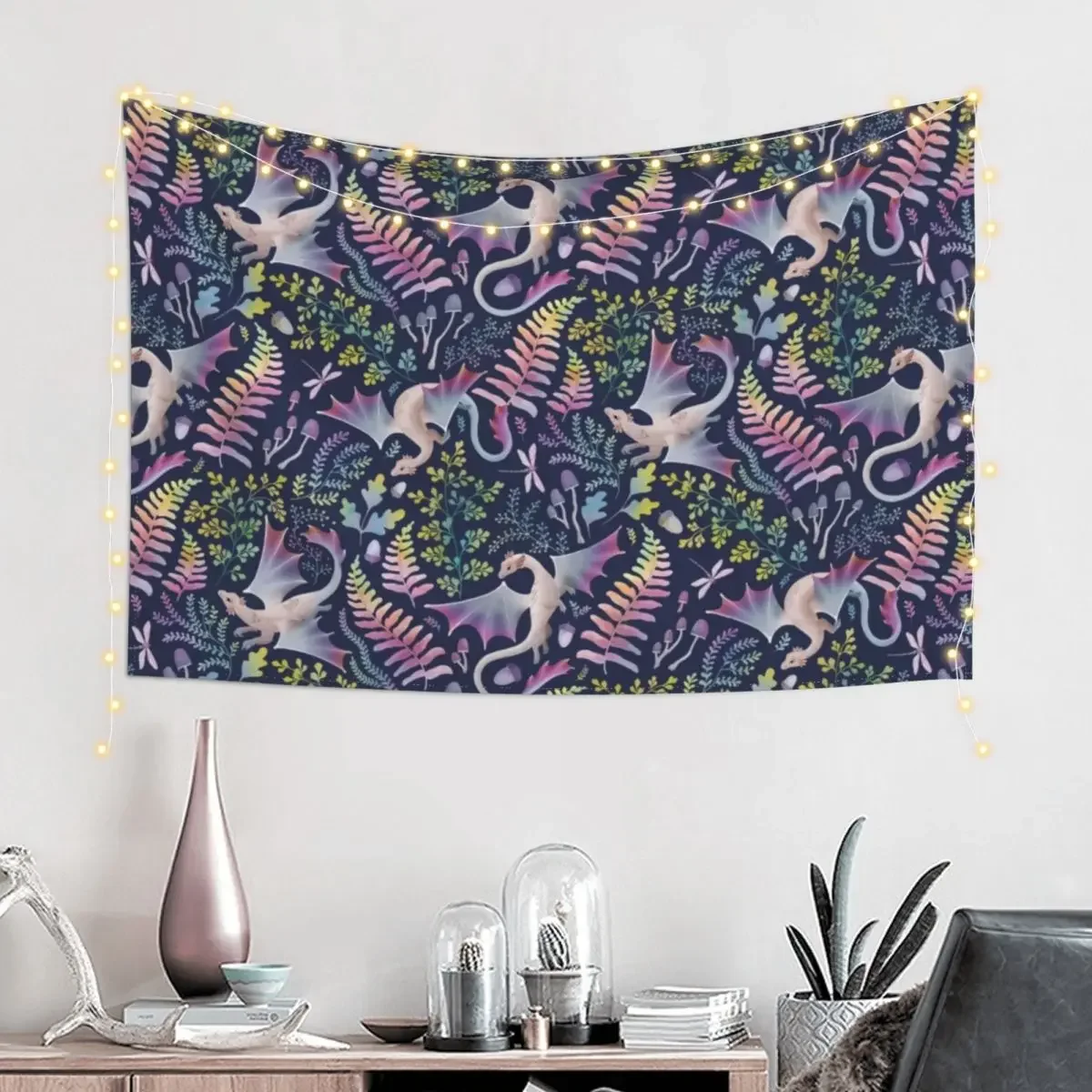 Forest dragons rainbow colours on navy Tapestry Carpet Wall Room Design Tapestry