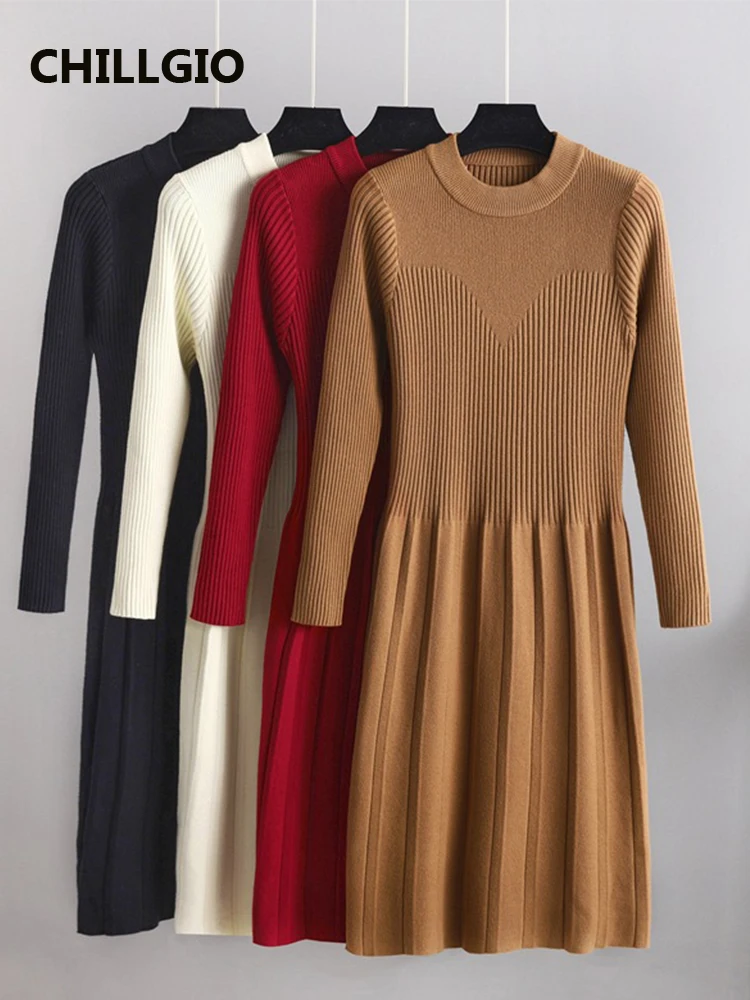 

CHILLGIO Women Winter Warm A Line Knitted Dress Fashion Long Sleeves Korean Vestidos Casual Slim O Neck Basics Sweater Dresses