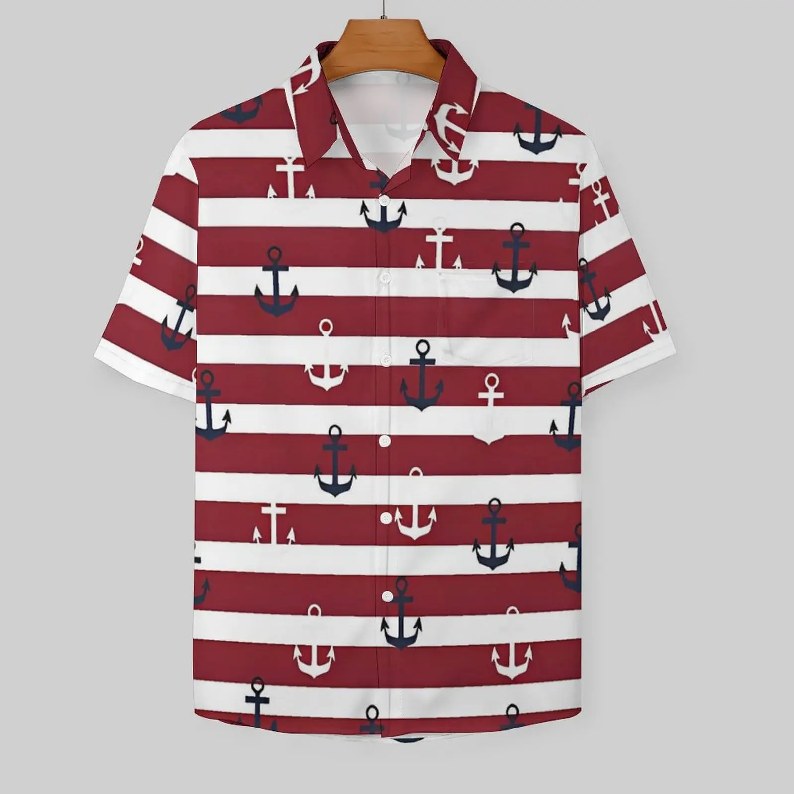 Red Stripes Navy And White Anchor Casual Shirt Vintage Hawaii Shirts Male Short Sleeve Beach Stylish Graphic Plus Size Blouses