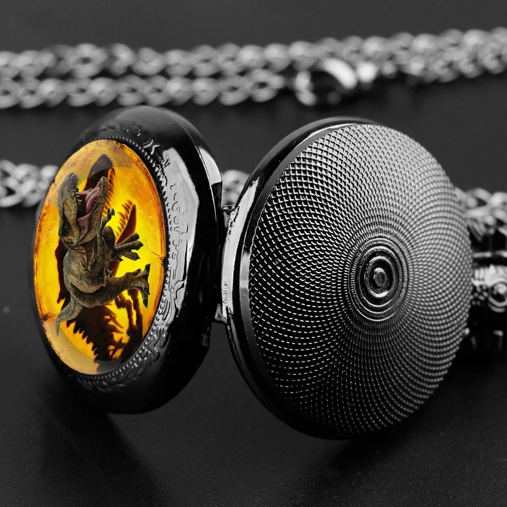 Dinosaur Glass Dome Quartz Pocket Watch With Durable Chain Arabic Numeral Dial Halloween Gifts for Men Women Kids