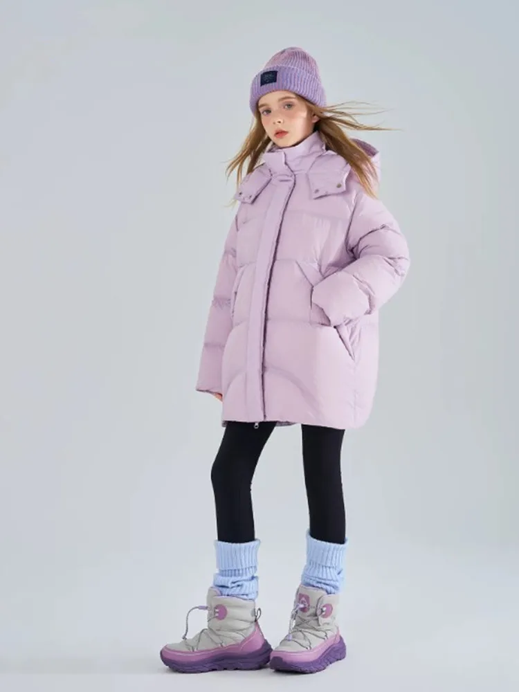 Mädchen Kapuzen-Pufferjacke Winter Warme Dicke Parka Kinderjacke mit Kordelzug in der Taille Daunen-Baumwolljacke Kinder-Oberbekleidung Lila A5118 – Detail 3