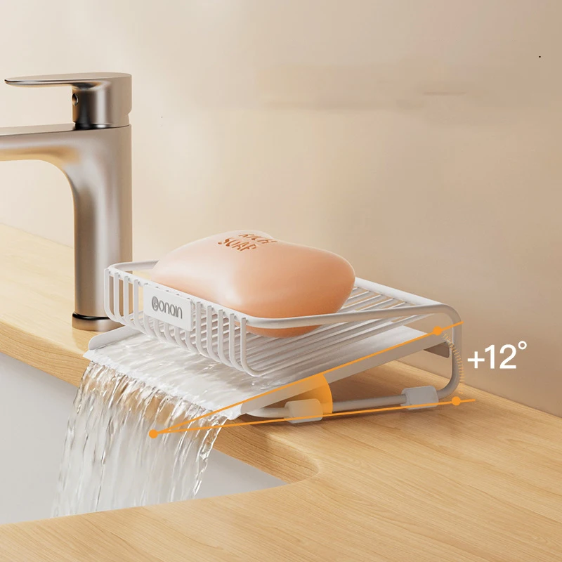 HeMu Tilted Drain Soap Holder,Metal Soap Dish with Water-Guiding Chute,Fast Drying Household Bathroom Sink Soap Storage Basket