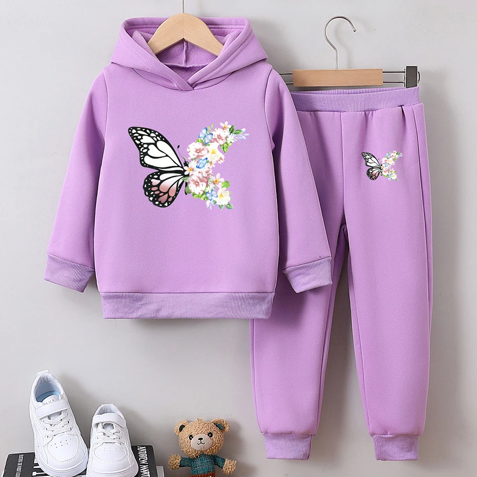 Girls Hoodie and Plush Lined Long Pants Set Exquisite Butterfly Pattern Chic and Cozy Autumn and Winter Casual Children Sets