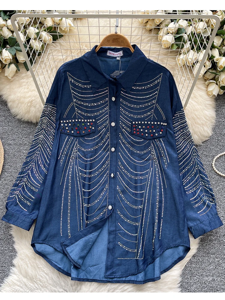 Printemps automne mode européenne diamant chaud à manches longues Blouse pour les femmes nouveau grand décontracté ample simple boutonnage petit haut C321