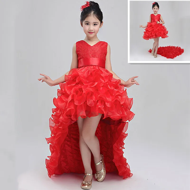 4-13T Flower Girl Trailing Wedding Dresses Children High Quality Tutu Mermaid Dress V-Neck Big Bow Princess Long Clothing