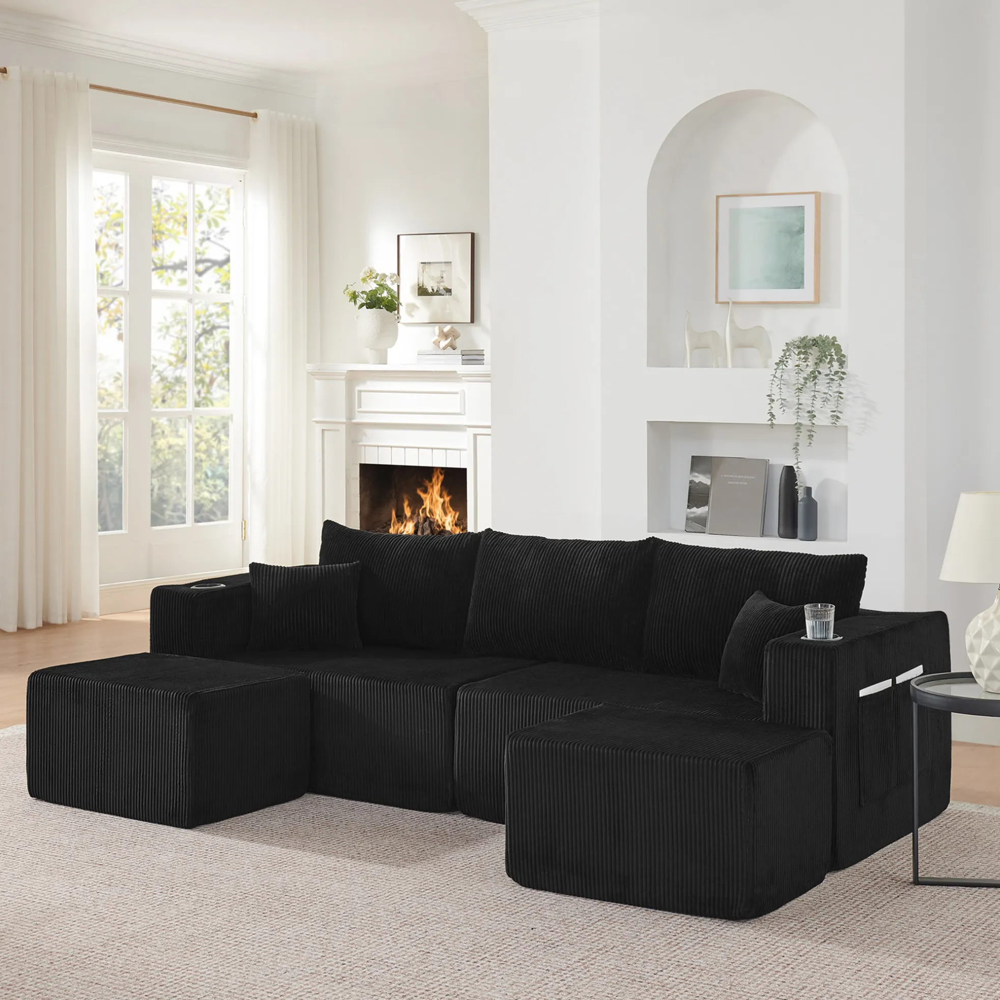 Sofá esquinero modular en forma de L de 3 plazas con otomanos móviles, tela de pana suave, negro