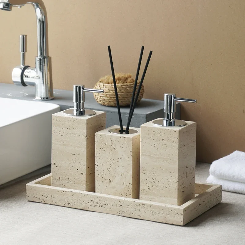 100% Natural Marble Beige Travertine Bathroom Accessories Set Soap Dispenser Soap Dish Diffuser Tray