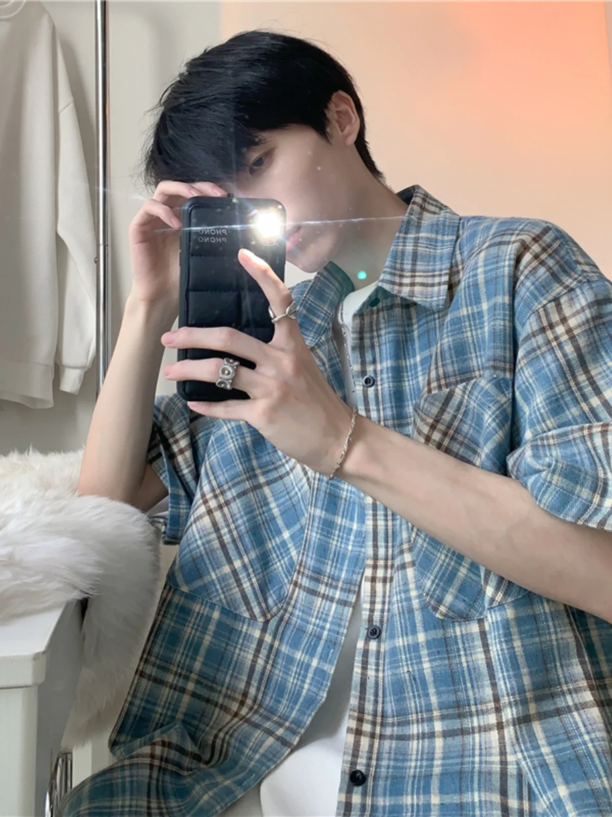 

Синяя клетчатая рубашка с коротким рукавом, мужская летняя рубашка в американском ретро-стиле Cleanfit, легкая верхняя одежда