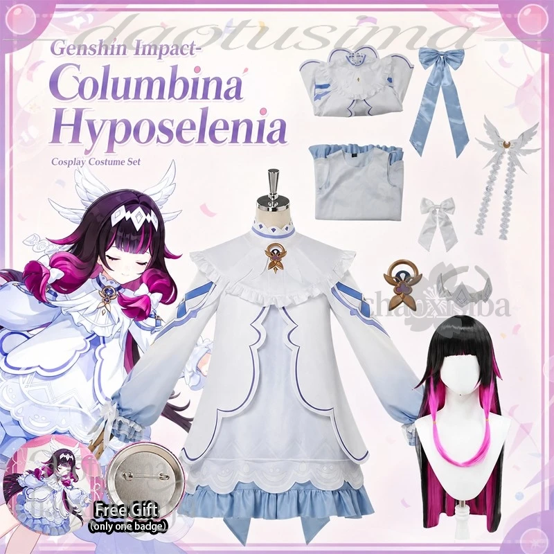 Anime Game Genshin Impact Copslay Dream Journey Little Columbina Hyposelenia Costume White Dress Sweet Lolita Wigs Halloween Cos