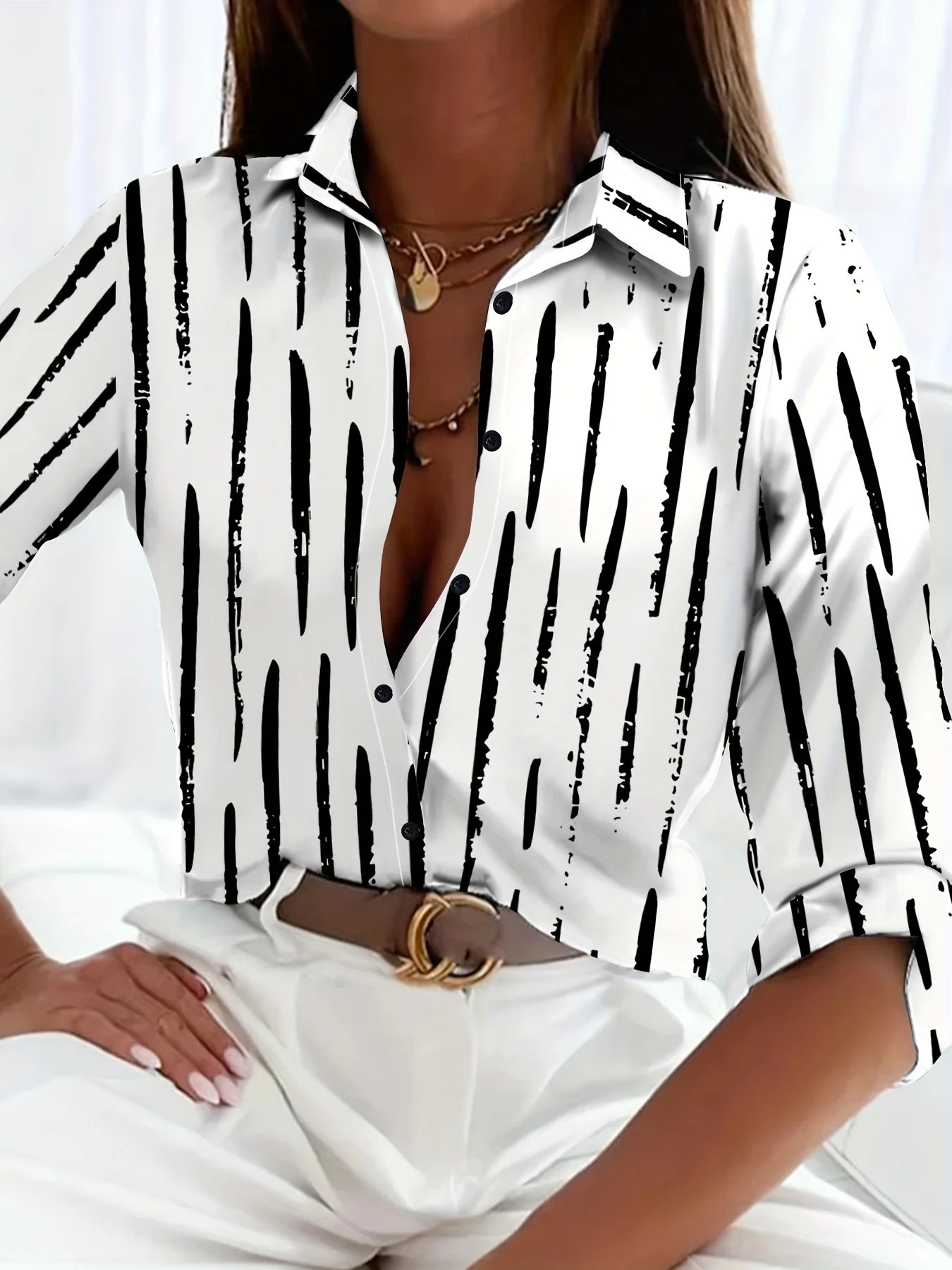 Fashion Striped Printed Office Shirt Fall Women\'s Lapel Long Sleeve Single Breasted Top Elegant Pocket Camisas De Mujer 2023