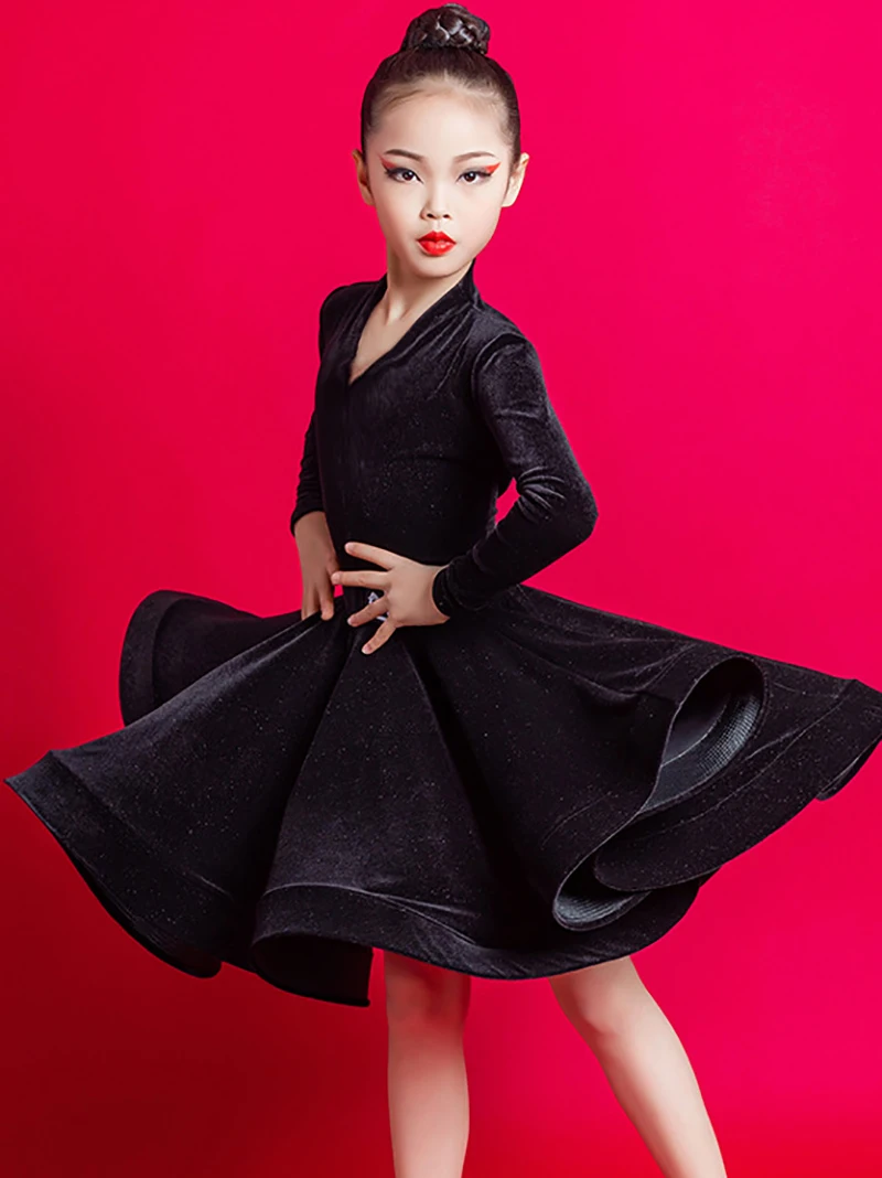 Velvet Lolita Children Professional Latin Dance Dress Kids Girl V-Neck Bodysuit Skirt Suit Ballroom Dancing Rumba Chacha Costume