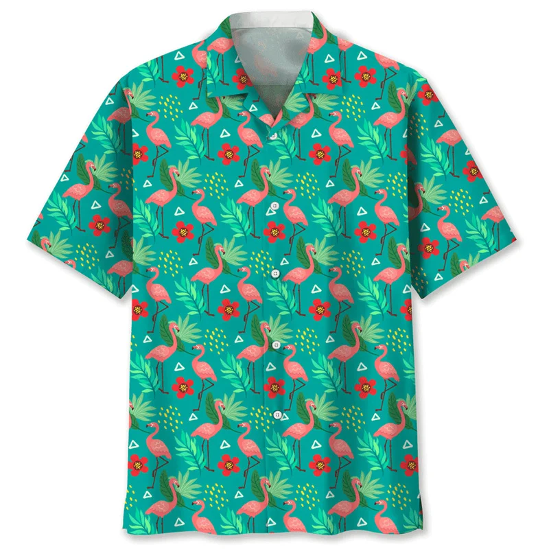 Cartoon Flamingo Birds Pattern Hawaiian Shirts Men 3D Printed Animal Short Sleeve Streetwear Button Blouse Oversized Lapel Shirt