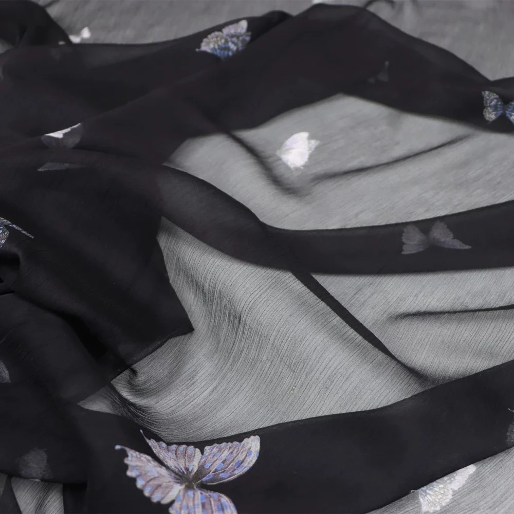 

Fashion Classic Butterfly Design Ready Goods Top Quality Comfortable Feeling Silk Crinkle Chiffon Fabric for Women Custom Dress