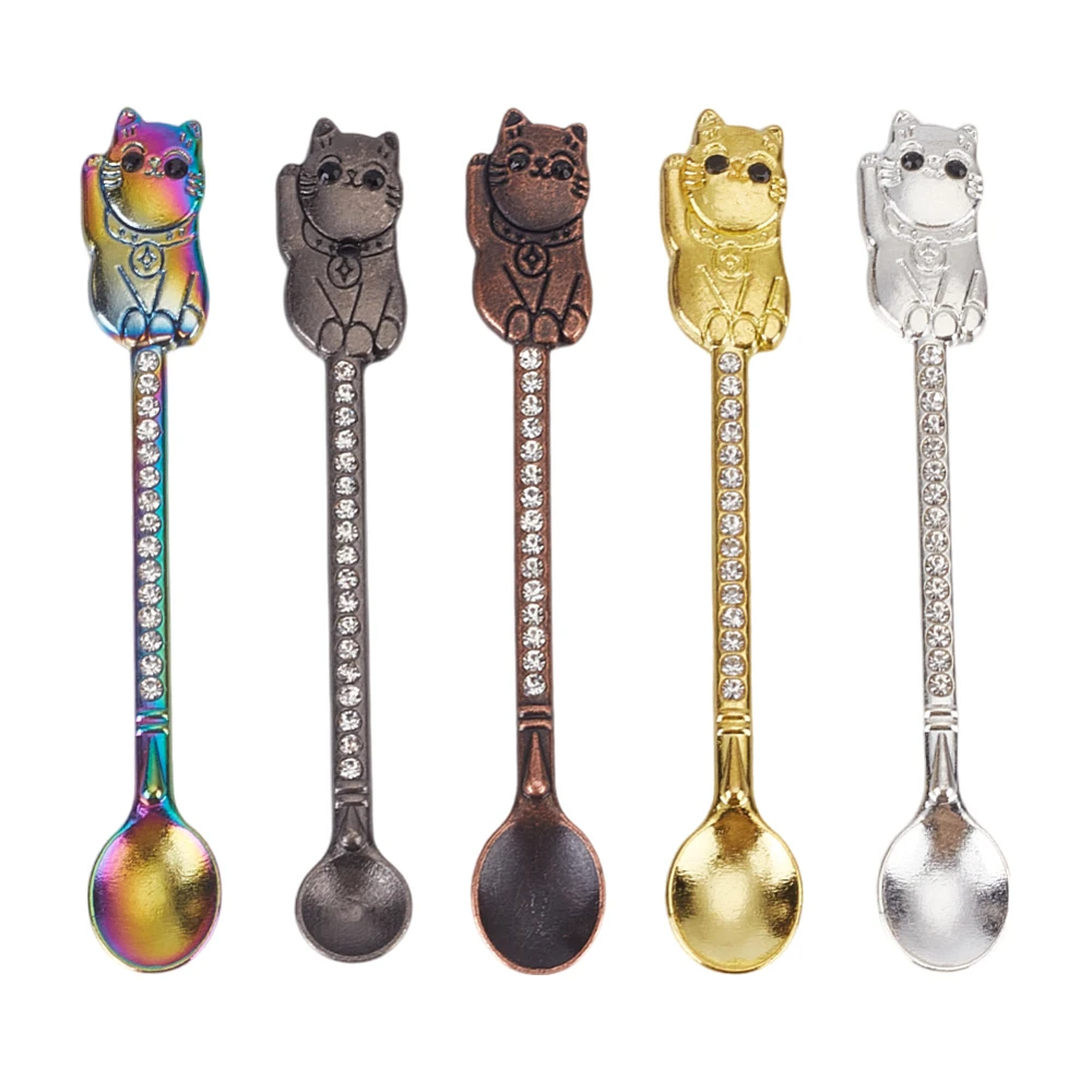 

1set 5pcs 5 colors Cat Shape Alloy Rhinestone Spoon Mixed color 79.5x11.5x4.5mm 1pc/color