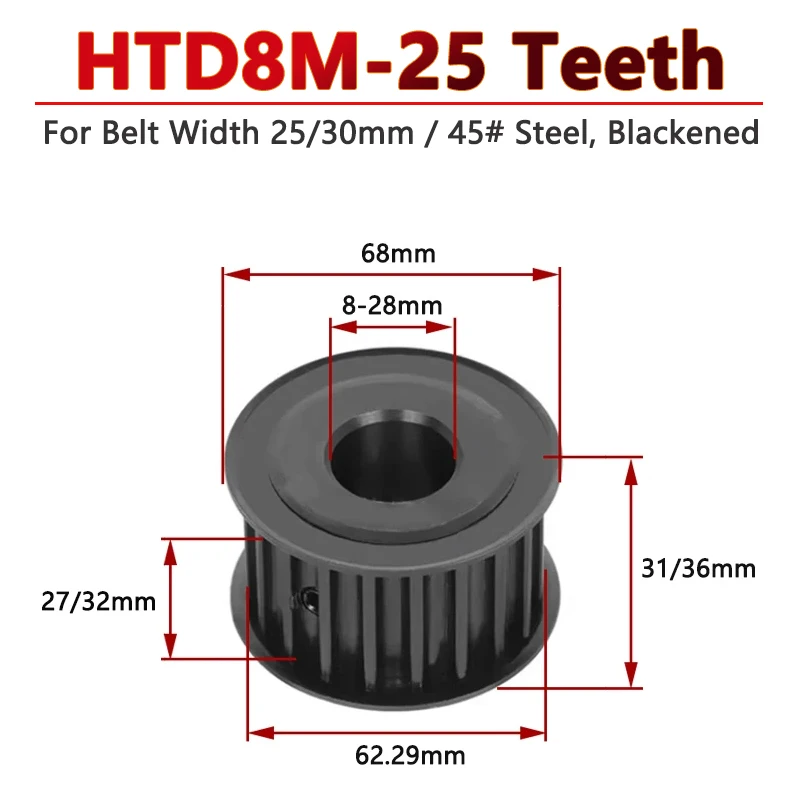 

1pc 25 Teeth HTD8M Steel Timing Pulley 25T 8M Drive Synchronous Wheel for Belt Width 25mm 30mm Bore 8/10/12/12.7-28mm Pitch 8mm