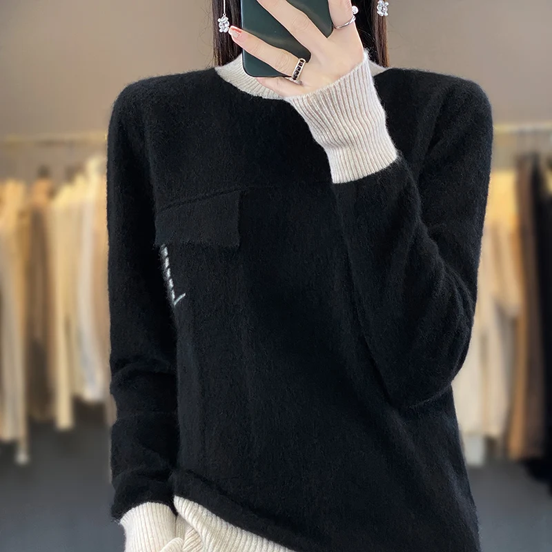 Autumn/Winter 2023 New 100% Merino Wool Women\'s Clothes Half High Collar Contrast Sweater Knit Pullover Long Sleeve False Pocket