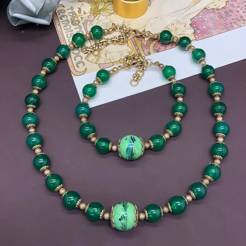 

New Chinese Style National Tide Style Old Necklace Bracelet Set Green Agate Glazed Bead Short Sweater Chain Bracelet Versatile W