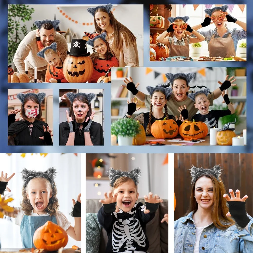 مجموعة أزياء الذئب على شكل آذان الذئب فروي، دعائم حفلات الذئب باللون الرمادي لحفلات الهدايا وحفلات أعياد الميلاد #5