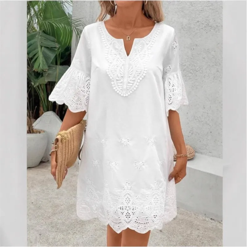

Woman's Summer Elegant Lace Dress Fashion V-neck Half Sleeve Design Loose Mini Dresses Ladies Simple Style And Fresh Vestidos
