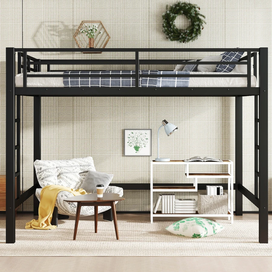 Queen Size Metal Loft Bed, Loft Bed with Easy Climbing Ladder and Guardrails, Black Anti-Tip