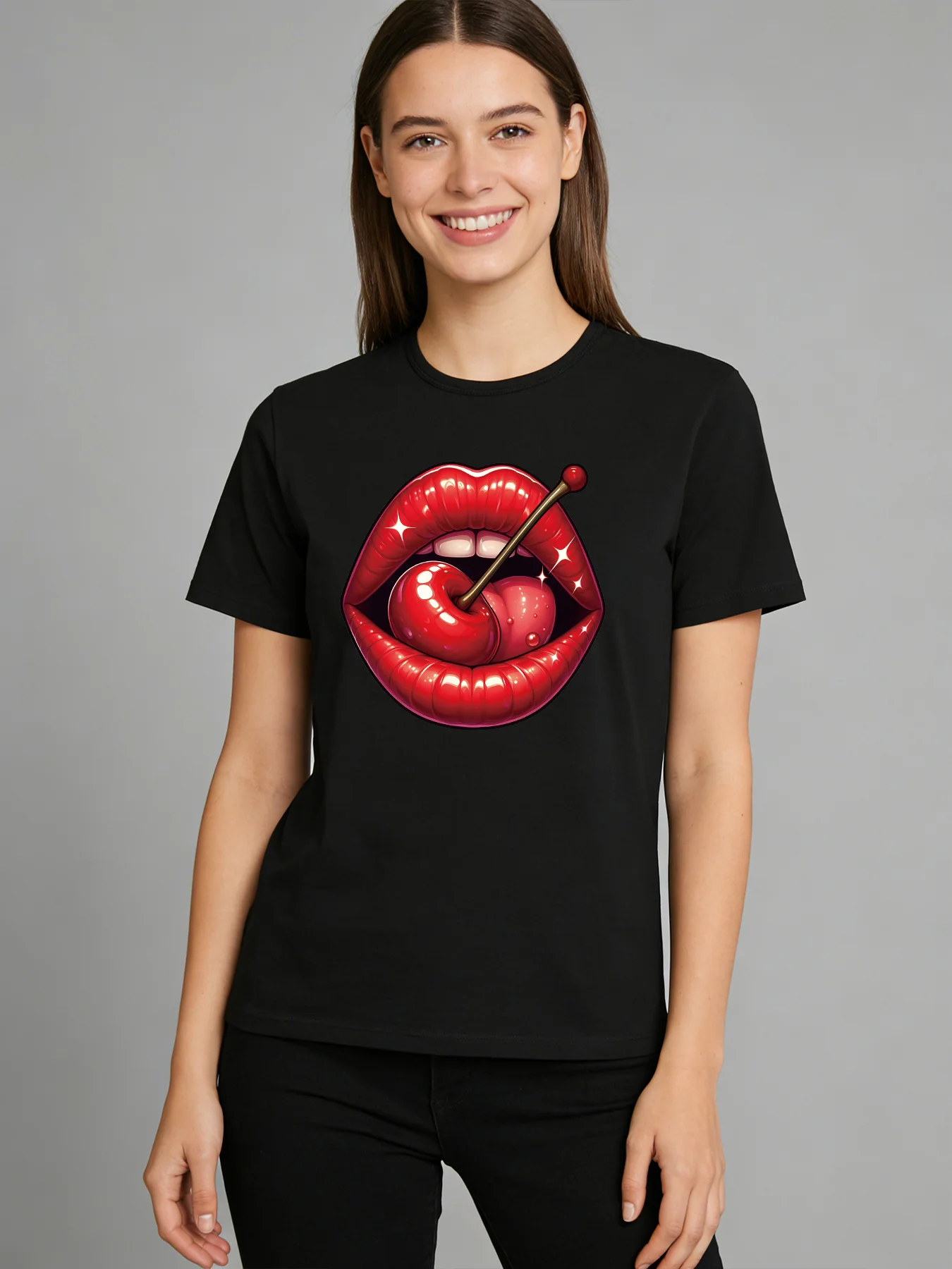 

Red Cherry Lips T Shirt Women Cute Sweet Graphic Tee 2026 Spring Summer Round Neck Short Sleeve Tops
