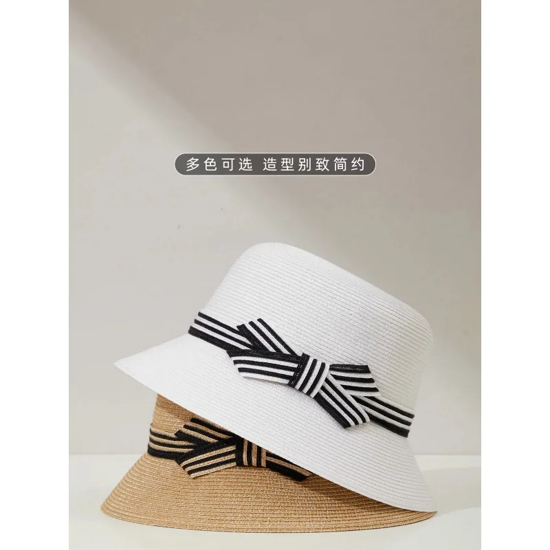 Summer French straw hat fisherwoman small pot hat elegant bow retro fashion shade sunscreen holiday show small face