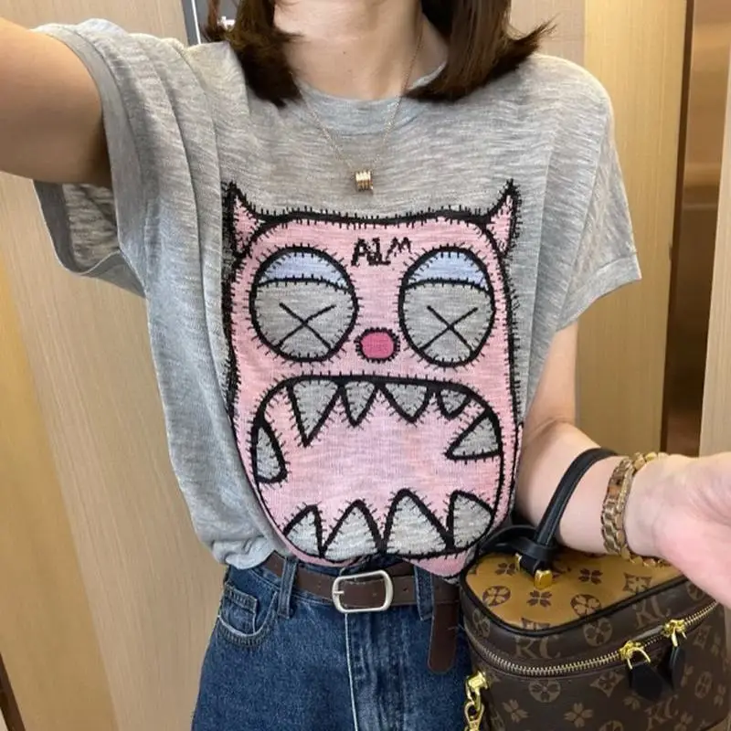 Fashion All-match Cartoon Pattern Spliced Solid Color T-shirt for Female Summer Korean Casual Short Sleeve Tops Women\'s Clothing