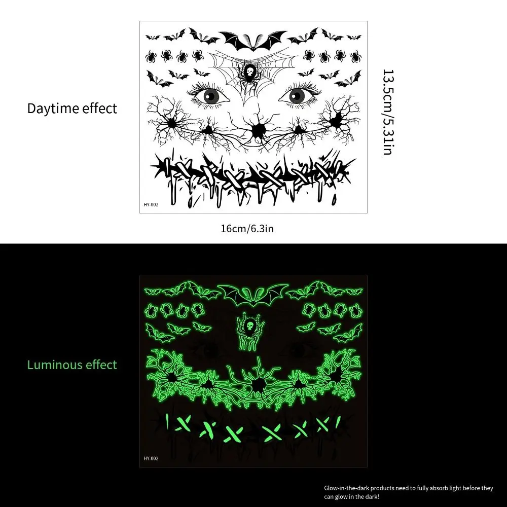 Glowing Mouth Halloween Luminous Tattoo Sticker Ghost Cobwebs Body Art Decals Green Scary Water Transfer Stickers Women Men