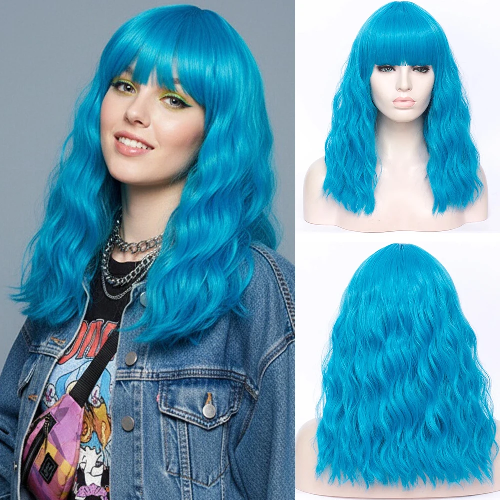 

Синтетический короткий вьющийся синий парик средней длины с челкой для женщин, для косплея, на Хэллоуин, для аниме-костюмов, для вечеринок, искусственные волосы, термостойкие