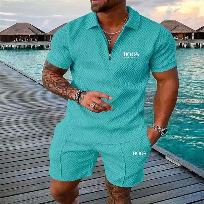 Conjunto de shorts de manga curta com zíper bordado de alta qualidade masculino de verão, novo conjunto de praia multifuncional elegante e casual