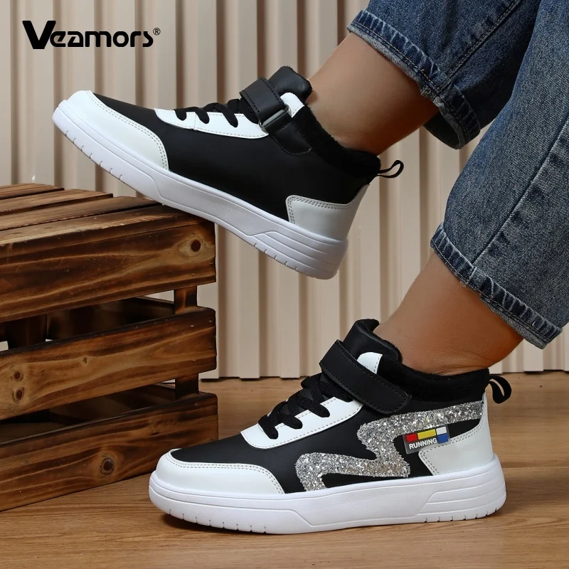 

Women Fashion High-top Causal Sneakers Plush Warm Trainers Unisex Non-slip PU Leather Running Walking Sports Shoes
