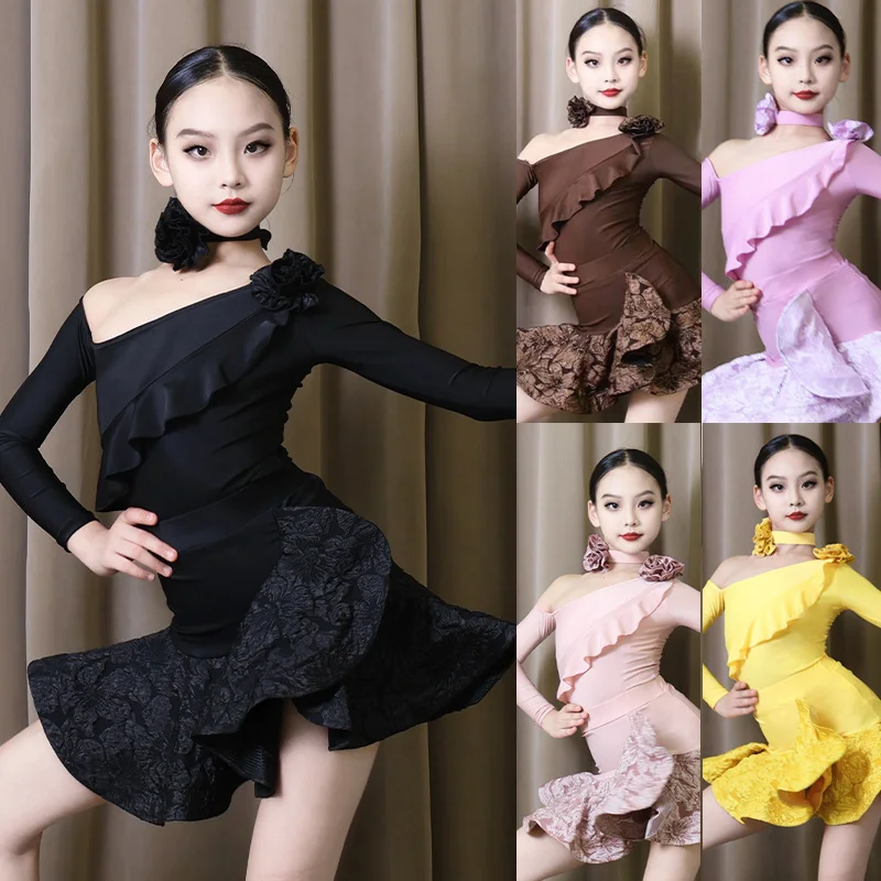 

Latin Dance Dress Girls 5 Colors Competition Dress Chacha Rumba Dance Practice Kids Performance Clothes Costume DQL9458