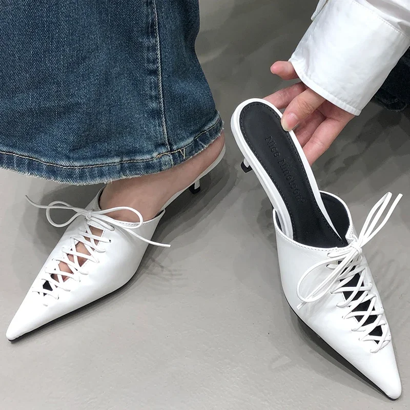 Fashion Pointed Toe Women Heels Shoes Slippers Mules Summer Female Lace up Shallow Outdoor Slides Heeled Ladies Pumps Shoes