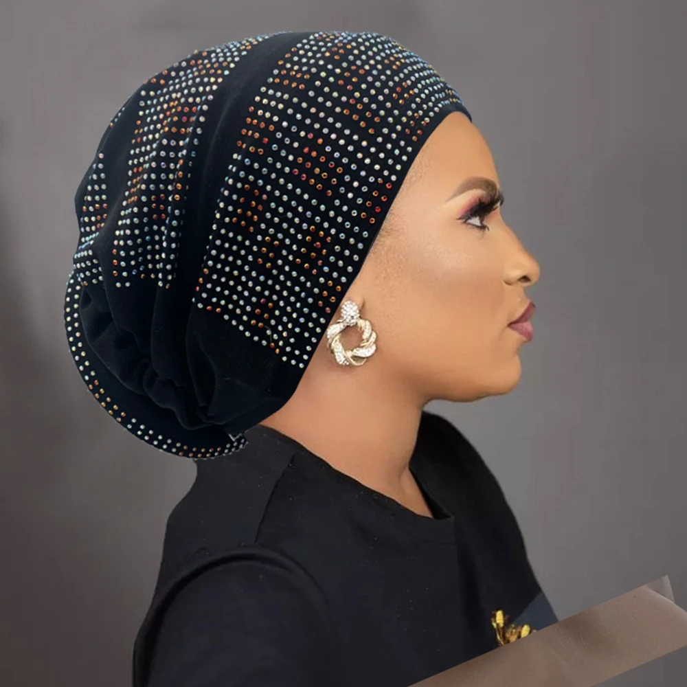 Turbante con diamantes acolchados para Mujer, pañuelo musulmán elástico para la cabeza, gorro africano, envolturas para la cabeza, verano 2024