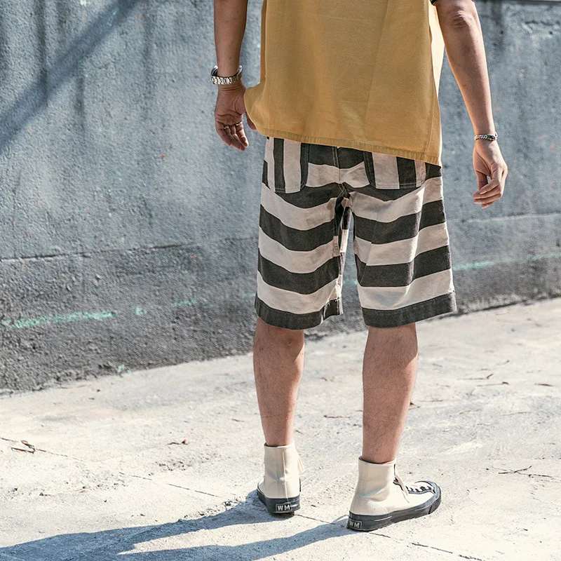 Heavyweight Black White Striped Prisoner Shorts Retro Loose Casual Cargo Pants Outdoor Hiking Tooling Overalls Climbing Fitness