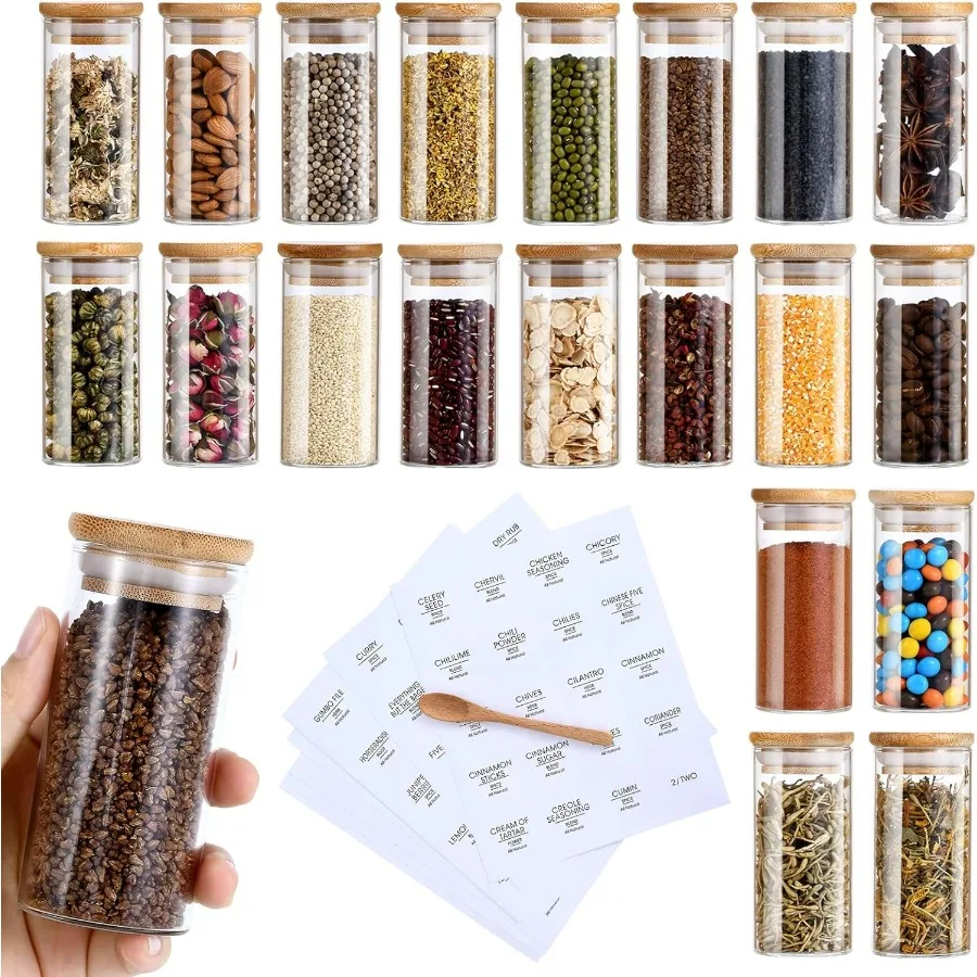 

Spice Jars with Label 20pcs 4 oz Glass Jars with Bamboo Airtight Lids 200 Printed Spice Labels Waterproof Stickers for Seasonin