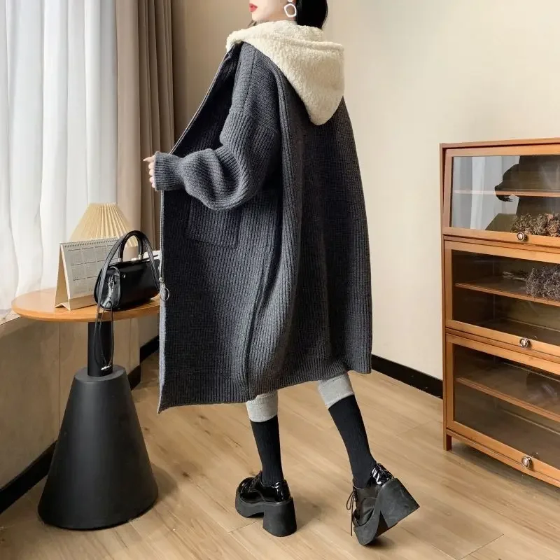 

Новый женский осенне-зимний свободный винтажный вязаный кардиган средней длины с капюшоном в стиле пэчворк, свитер на молнии, пальто с напуском, толстое с карманами