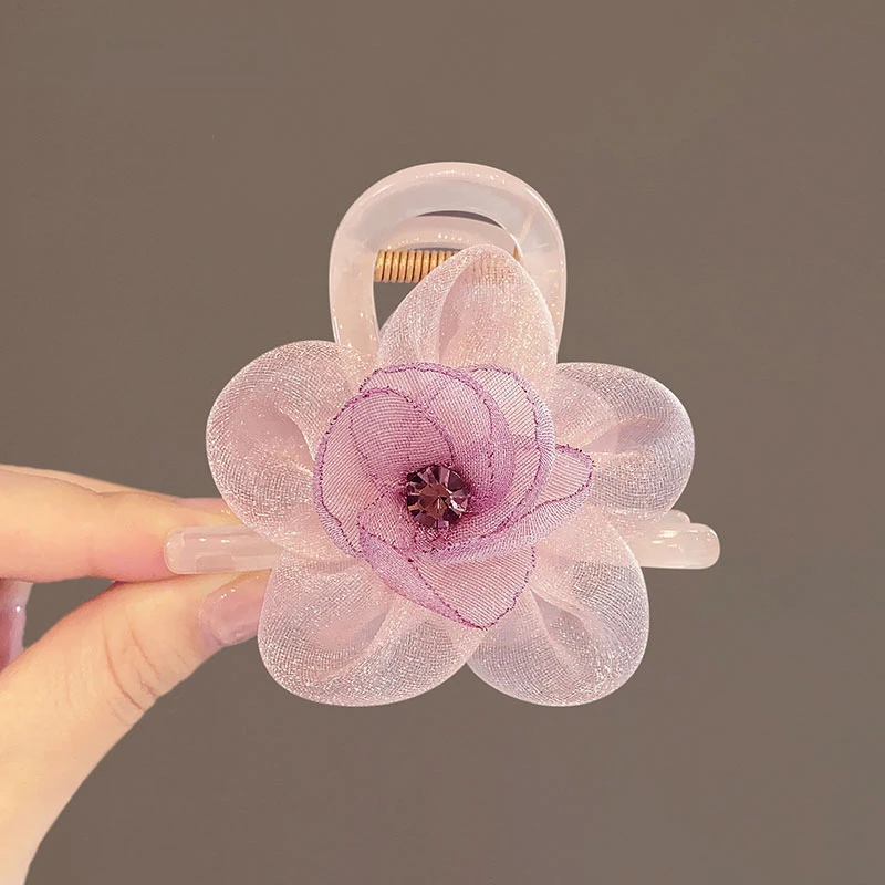 2024 New Arrival Women's Hair Claw with High-end Mesh Flowers Hair Clip Half-up Ponytail Shark Clip Sunflower Detail Hair Claw