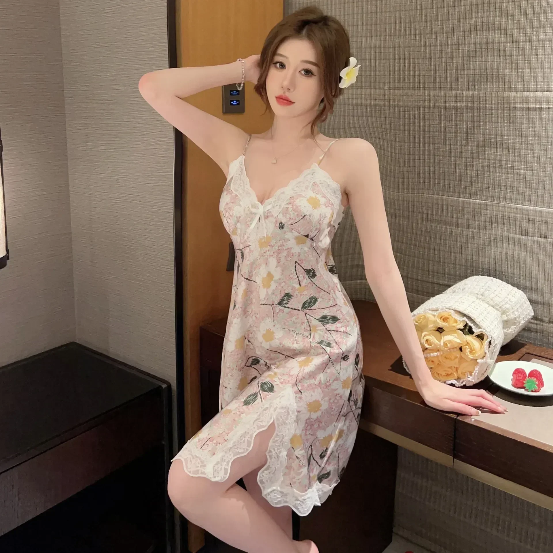 Body V-neck Sleepwear Women's Floral Ice-silk Printed Sexy Nightwear Slim New Summer Split Nightgowns Jxgarb Femme Suspenders