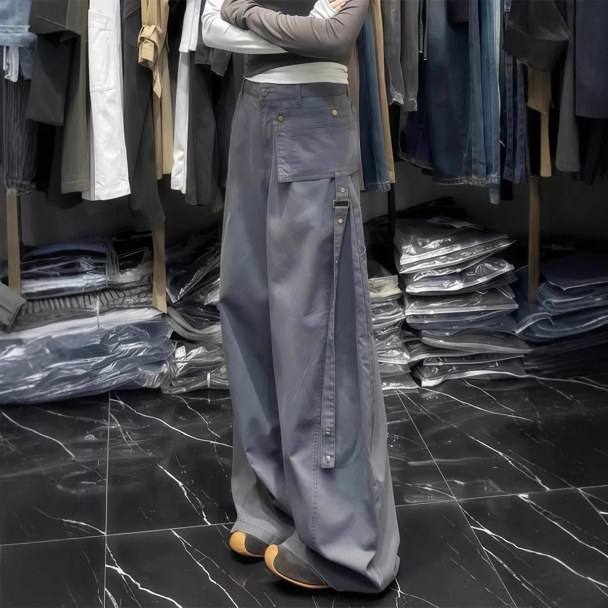 2026 Retro Irregular Curved Work Pants Ladies Loose Wide Leg Silhouette Design Minimalist All-match Commute Long Trousers