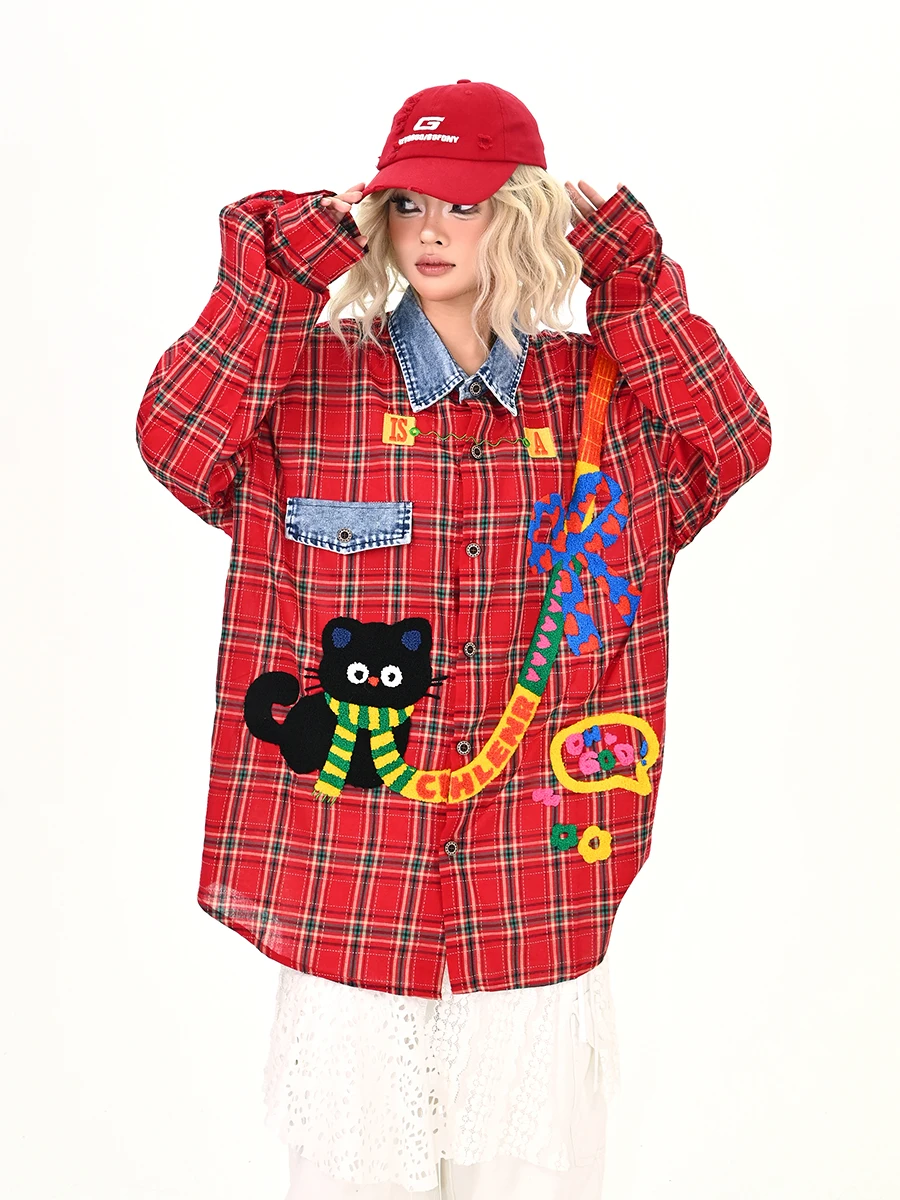 

Chic Cartoon Anime Plaid Long Sleeve Shirt Women's Loose BF College Style Top Comfortable Troublesome Patterned Spring 2026