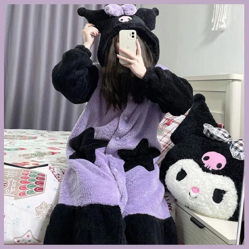 

Плюшевая мультяшная Пижама Sanrio Kuromi Cinnamoroll My Melody зимняя очень плотная Коралловая флисовая домашняя одежда для девочек Ночная рубашка костюм