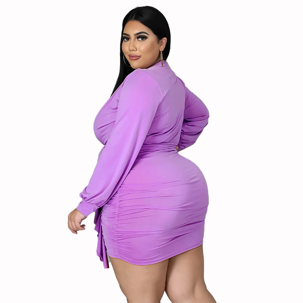 L-4XL autumn plus size dresses for women clothing fashion sexy solid color long sleeve v neck mini dress Wholesale Dropshipping