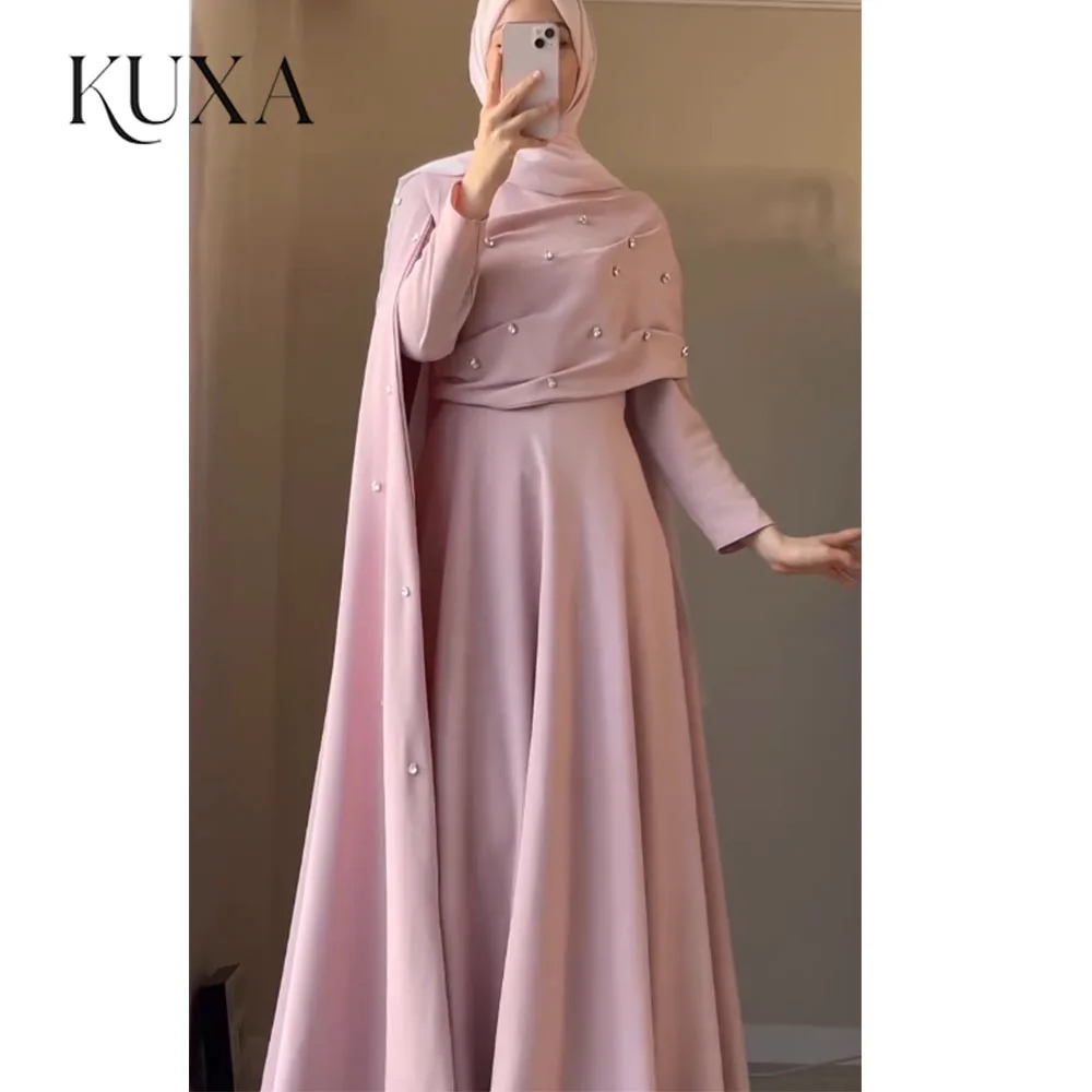KUXA Elegante muslimische rosa Abendkleider, A-Linie, hoher Kragen, lange Ärmel, bodenlang, Kuwait, Saudi-Abschlussballkleider, maßgeschneidert 2026