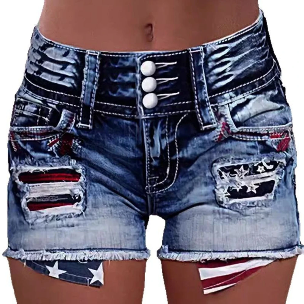 

Women's National Flag Denim Jeans Shorts Vintage USA Flag Shorts Pants Jeans Fashion Blue Ripped Hole Trend Streetwears